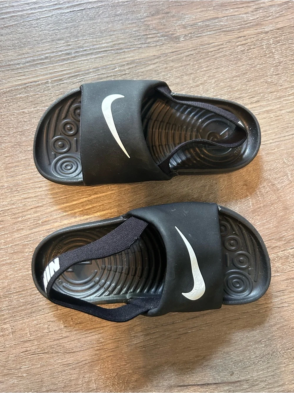 Toddler Nike Black Slides with White Swoosh and Elastic Heel Strap
